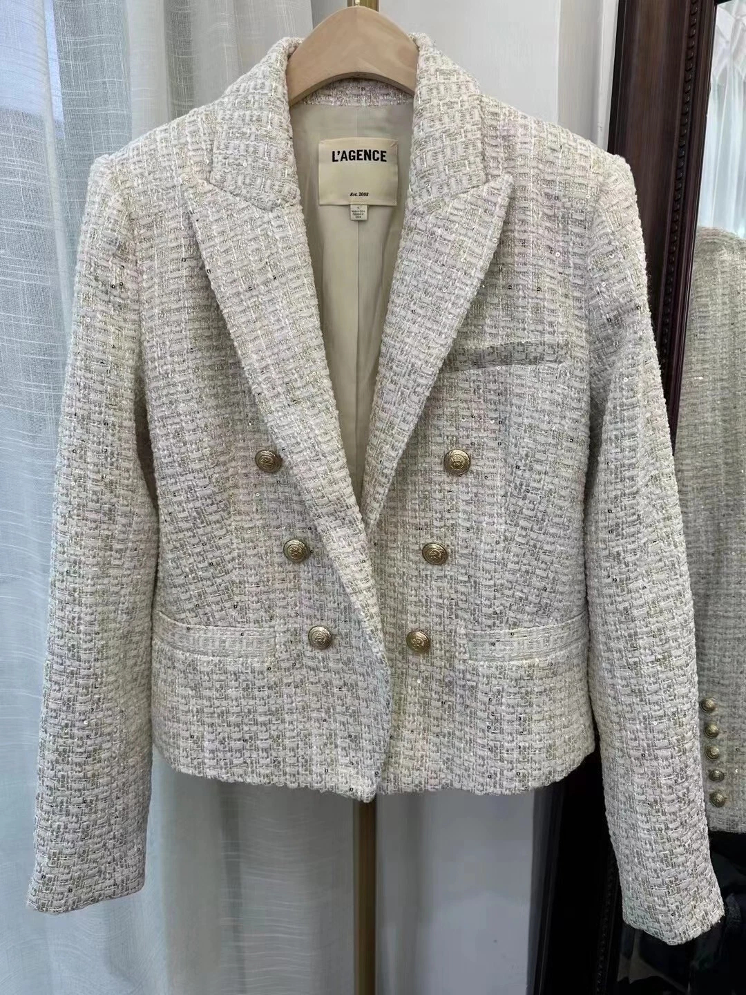 Women AUTH L'AGENCE Brooke Open-Front Tweed Blazer Coat Jacket Ivory Light Gold