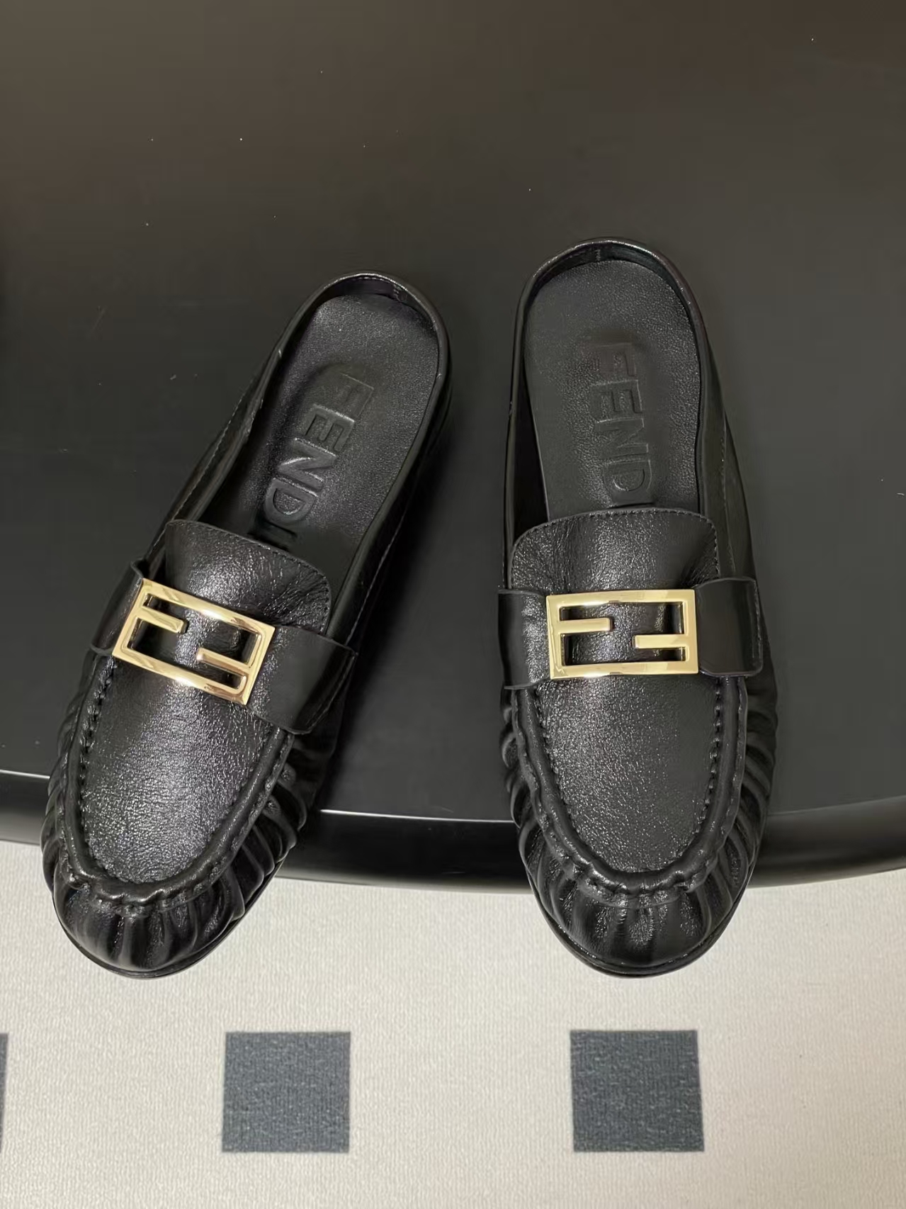 FENDI Baguette Crinkle Round-Toe Retro Loafer Mule in Black Leather