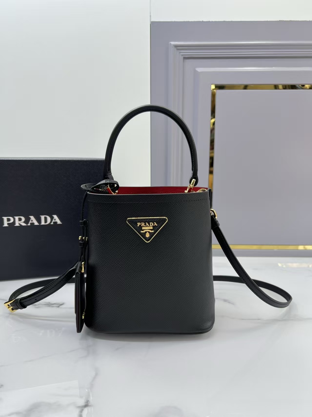 Prada Black Panier Saffiano Leather Mini Bag | Geometric Silhouette & Dual Carry Options