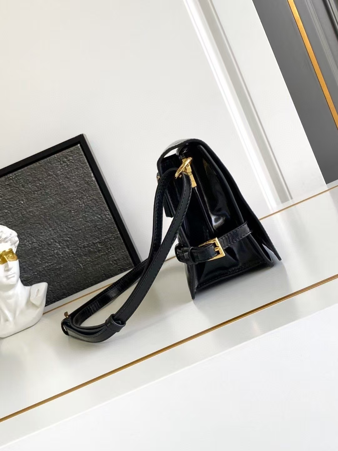 Prada Black Leather Shoulder Bag | Glossy Finish & Adjustable Strap