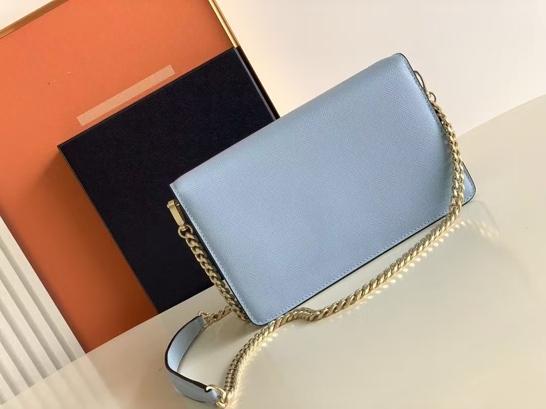 Prada Light Blue Saffiano Leather Shoulder Bag | Flap Design & Detachable Chain Strap