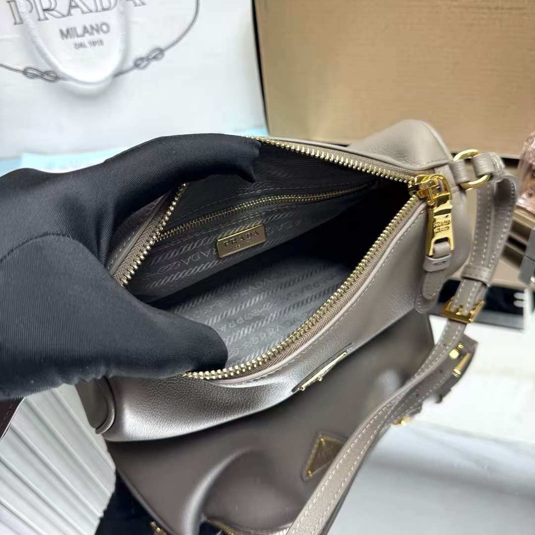 Prada Slate Grey Leather Clutch | Geometric Pattern & Modern Neutral Hue