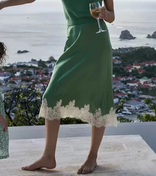 Women Doen Lace Satin High Waist A-line Midi Skirt