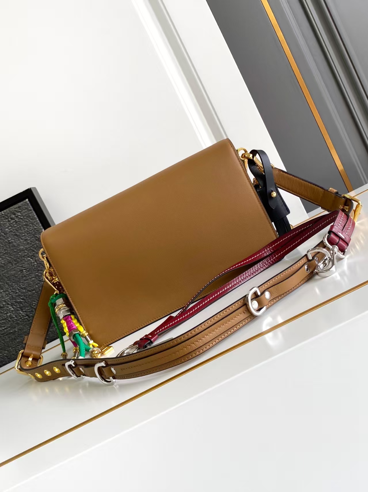 Prada Caramel Small Soft Sound Leather Shoulder Bag | Detachable Charms & Warm Vintage Hue