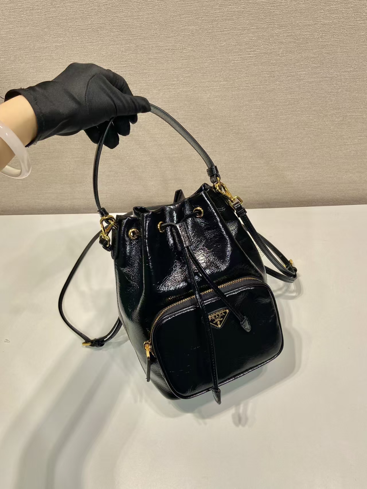 Prada Black Duet Naplak Leather Bucket Bag | Glossy Patent Finish & Vintage Charm