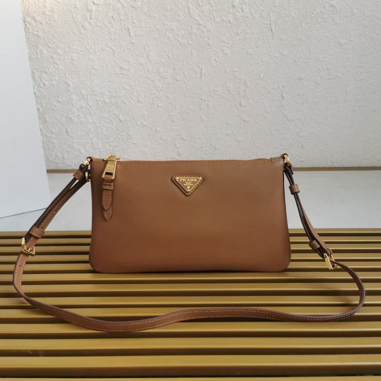 Prada Caramel Leather Clutch | Geometric Pattern & Warm Vintage Hue
