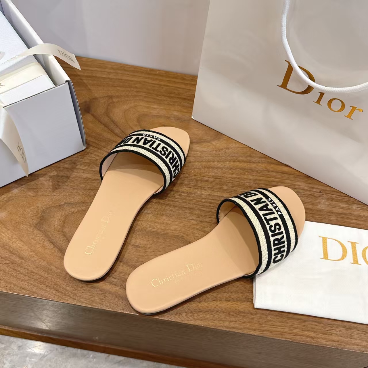 Dior Black Embroidered Logo Flat Slide Sandal