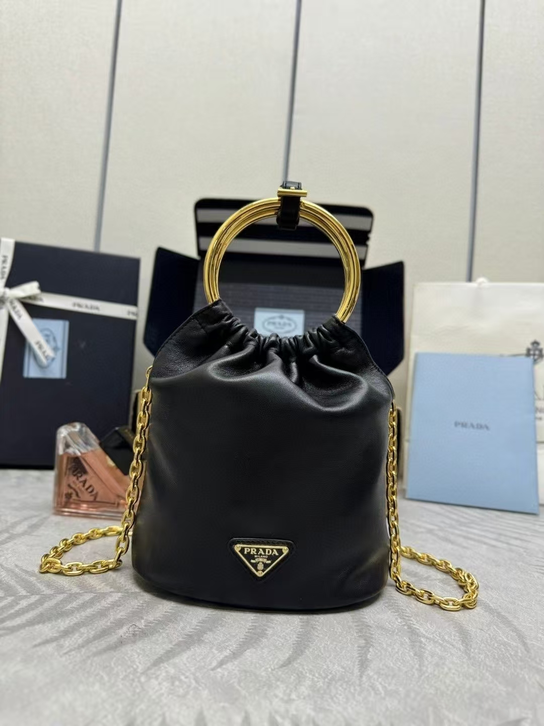 Prada Black Nappa Leather Mini Bucket Bag | Geometric Metal Handle & Detachable Chain Strap