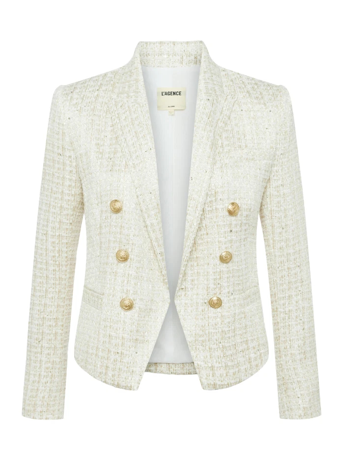 Women AUTH L'AGENCE Brooke Open-Front Tweed Blazer Coat Jacket Ivory Light Gold