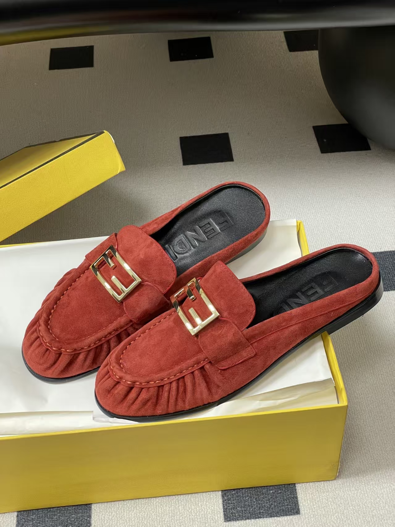 FENDI Baguette Crinkle Round-Toe Retro Loafer Mule in Red Suede