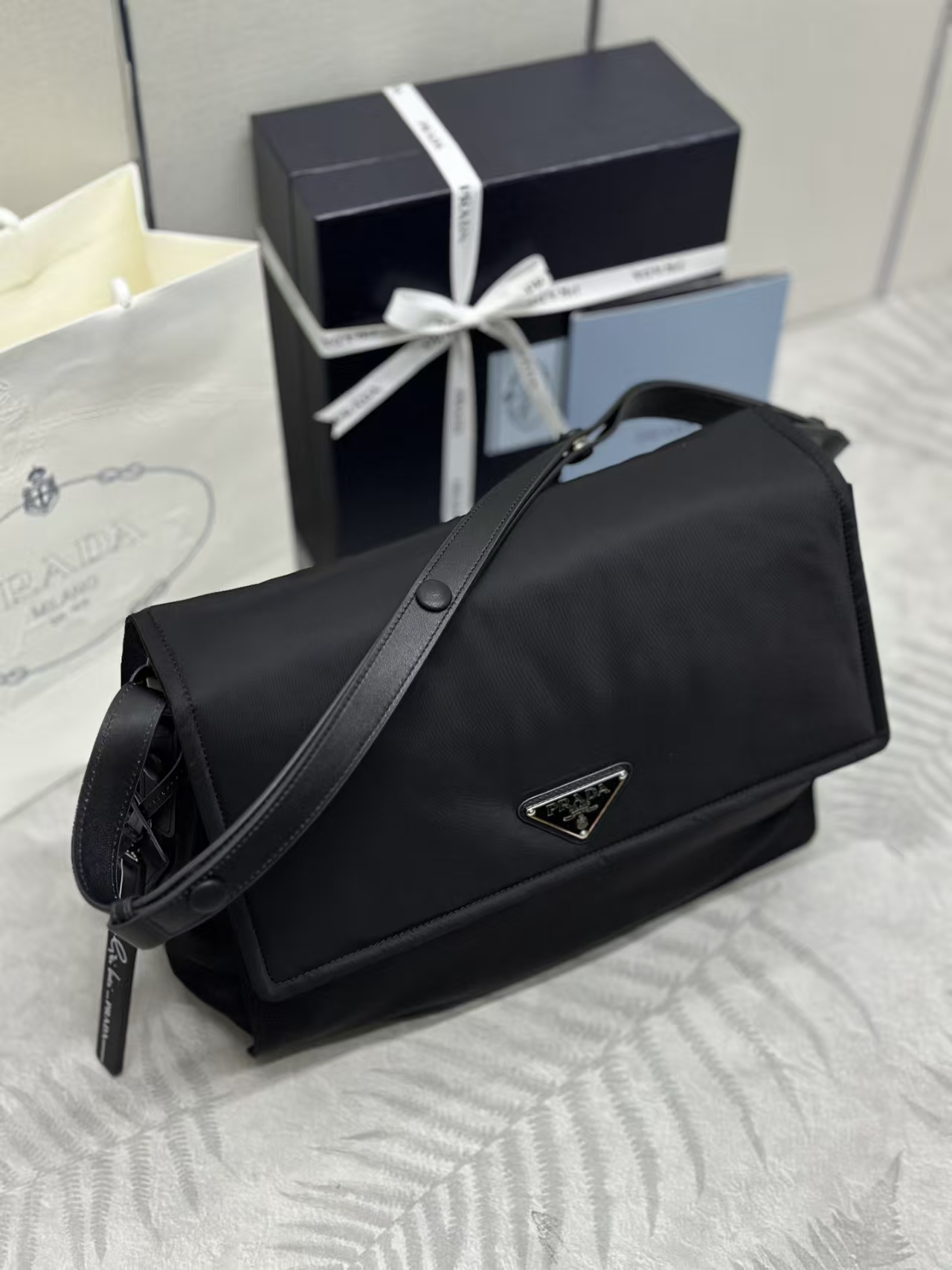 Prada Black Large Quilted Re-Nylon Shoulder Bag | Padded Flap Design & Adjustable Strap