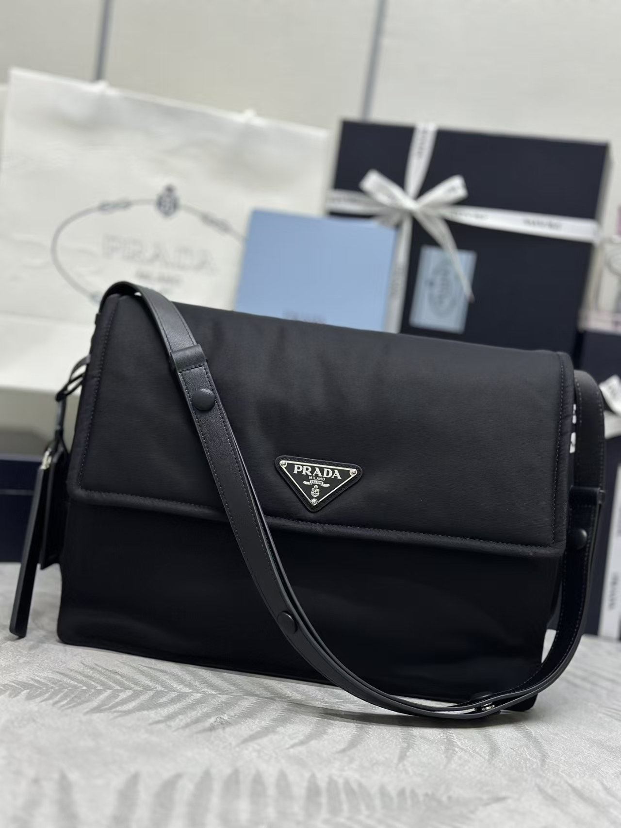 Prada Black Large Quilted Re-Nylon Shoulder Bag | Padded Flap Design & Adjustable Strap
