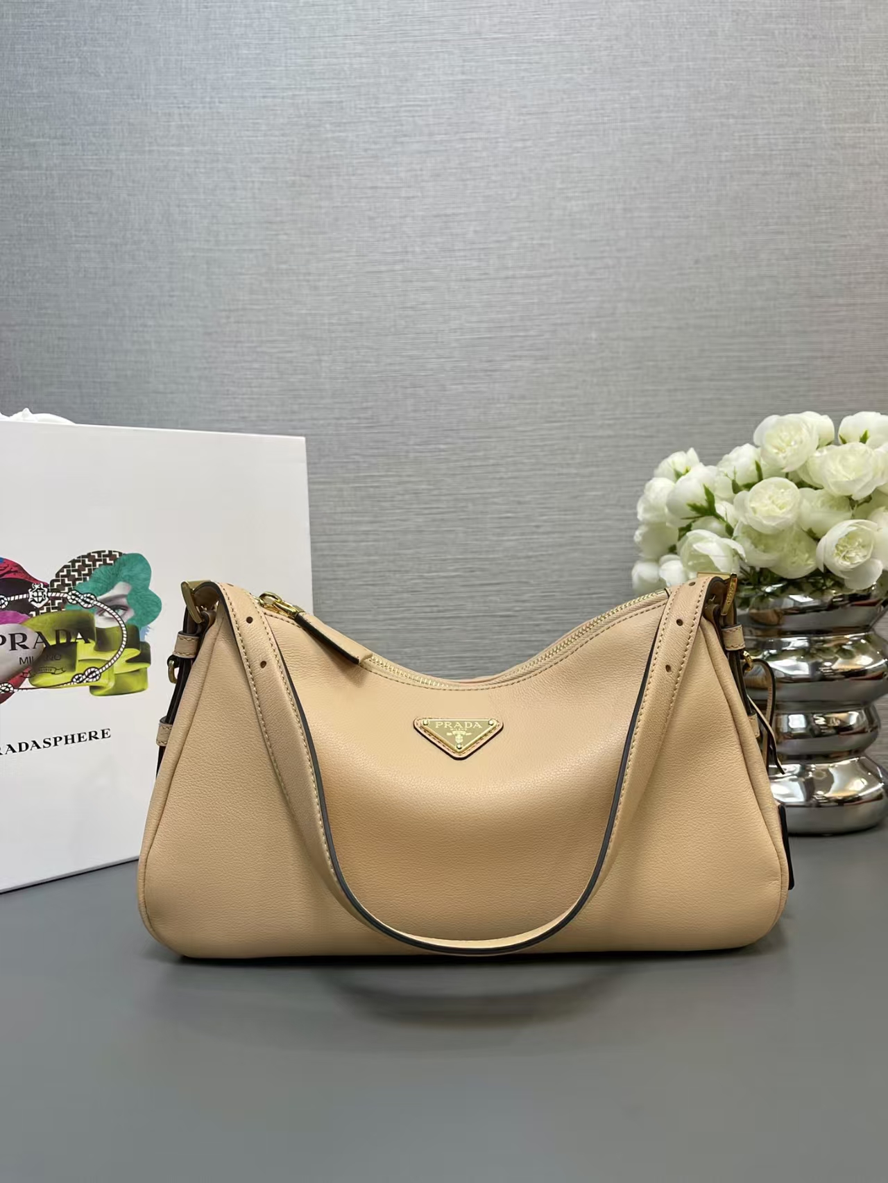 Prada Sand Medium Aimée Leather Shoulder Bag | Modern Minimalist, Soft Silhouette