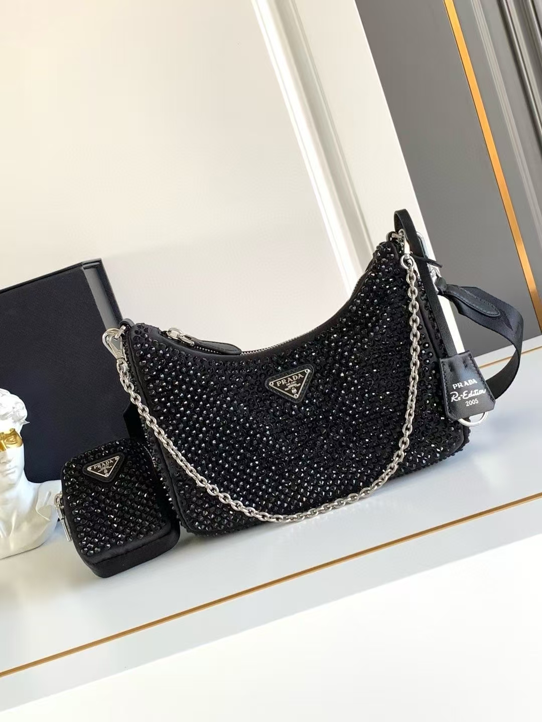 Prada Black Re-Edition 2005 Duchess Bag | Full Crystal Embellishment & Detachable Chain