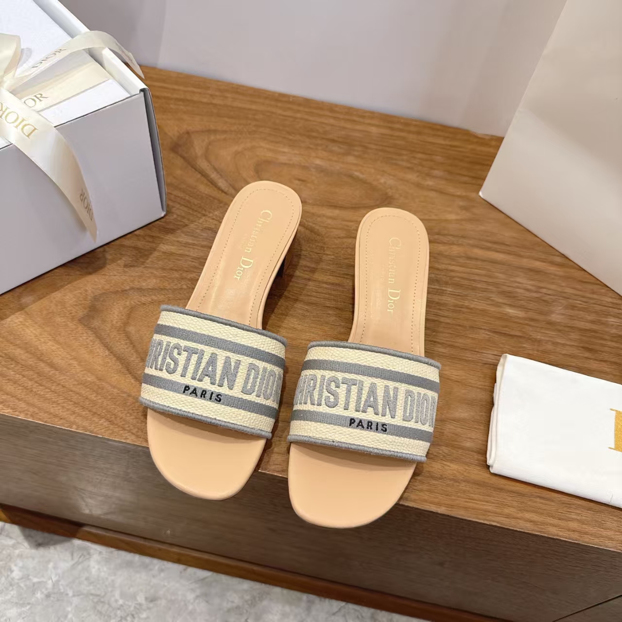 Dior 4.5cm Grey Embroidered Logo High‑Heel Slide Sandal