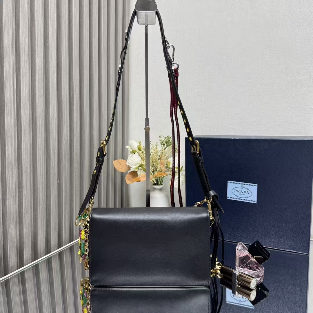 Prada Black Small Soft Sound Leather Shoulder Bag | Detachable Charms & Compact Design