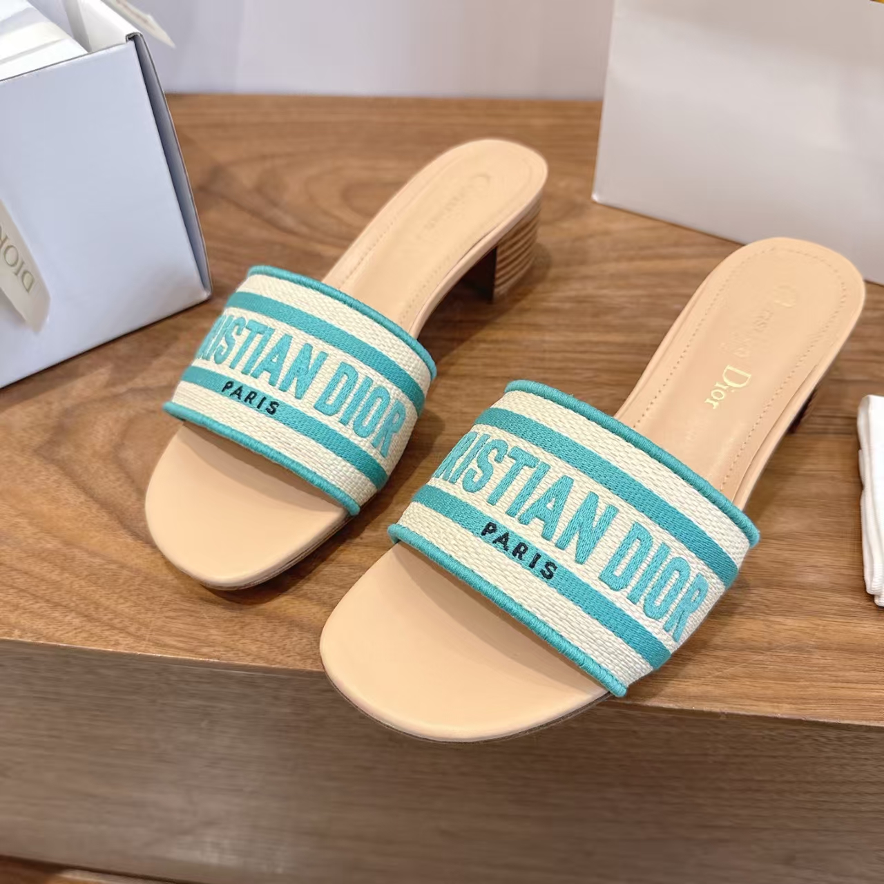 Dior 4.5cm Sky Blue Embroidered Logo High‑Heel Slide Sandal