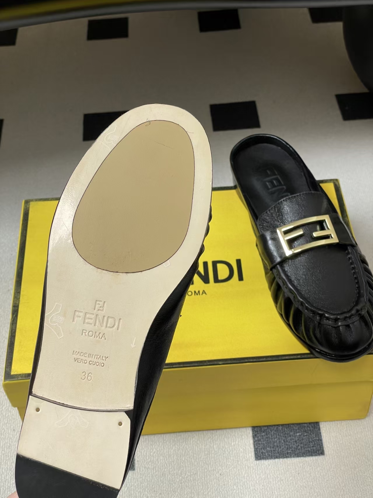 FENDI Baguette Crinkle Round-Toe Retro Loafer Mule in Black Leather