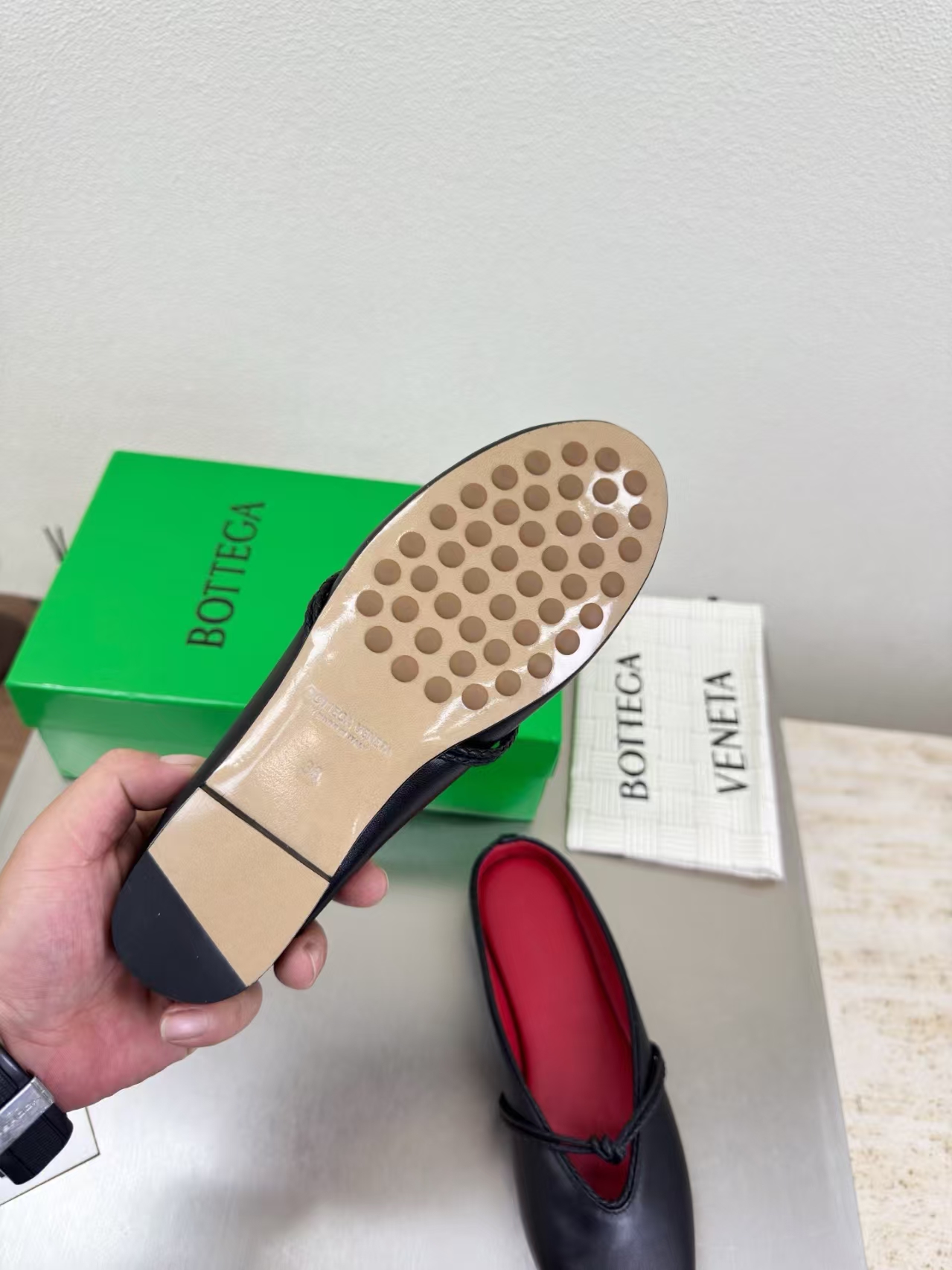 Bottega Veneta Black Lambskin Knotted Mary Jane Ballet Flat with Red Sole