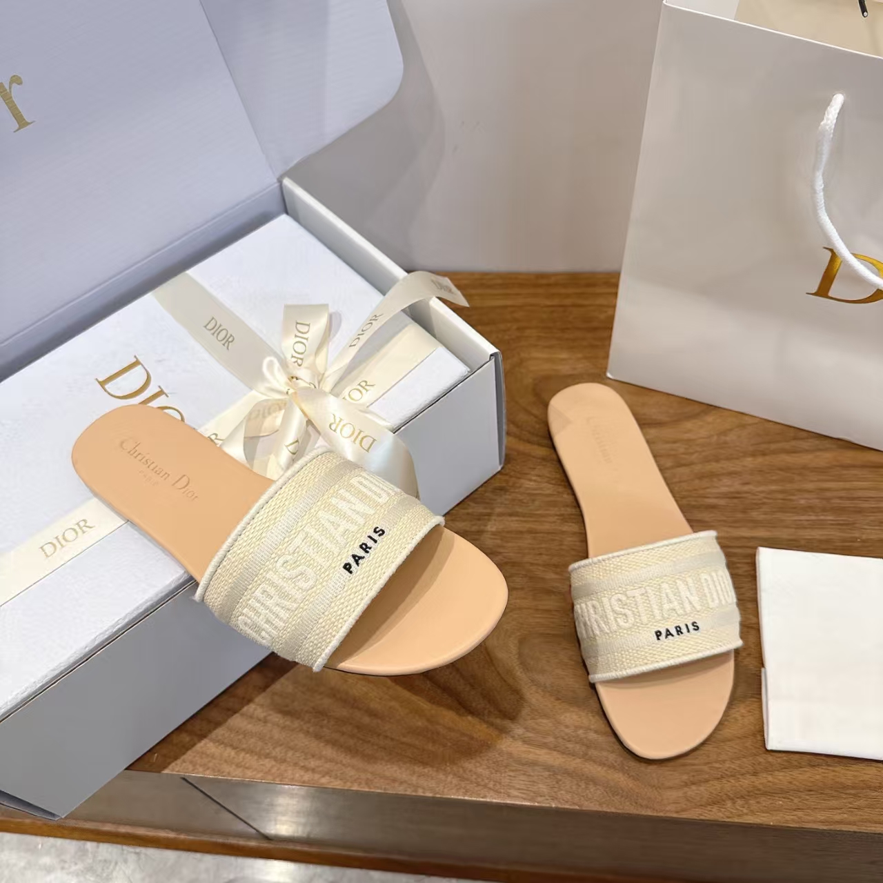 Dior White Embroidered Logo Flat Slide Sandal