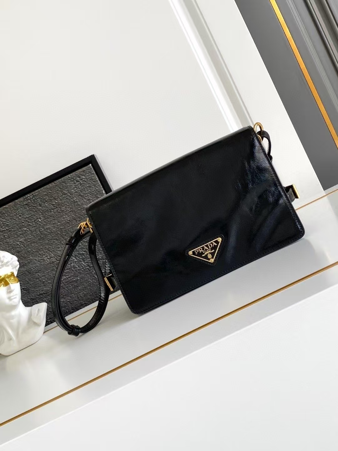 Prada Black Leather Shoulder Bag | Glossy Finish & Adjustable Strap