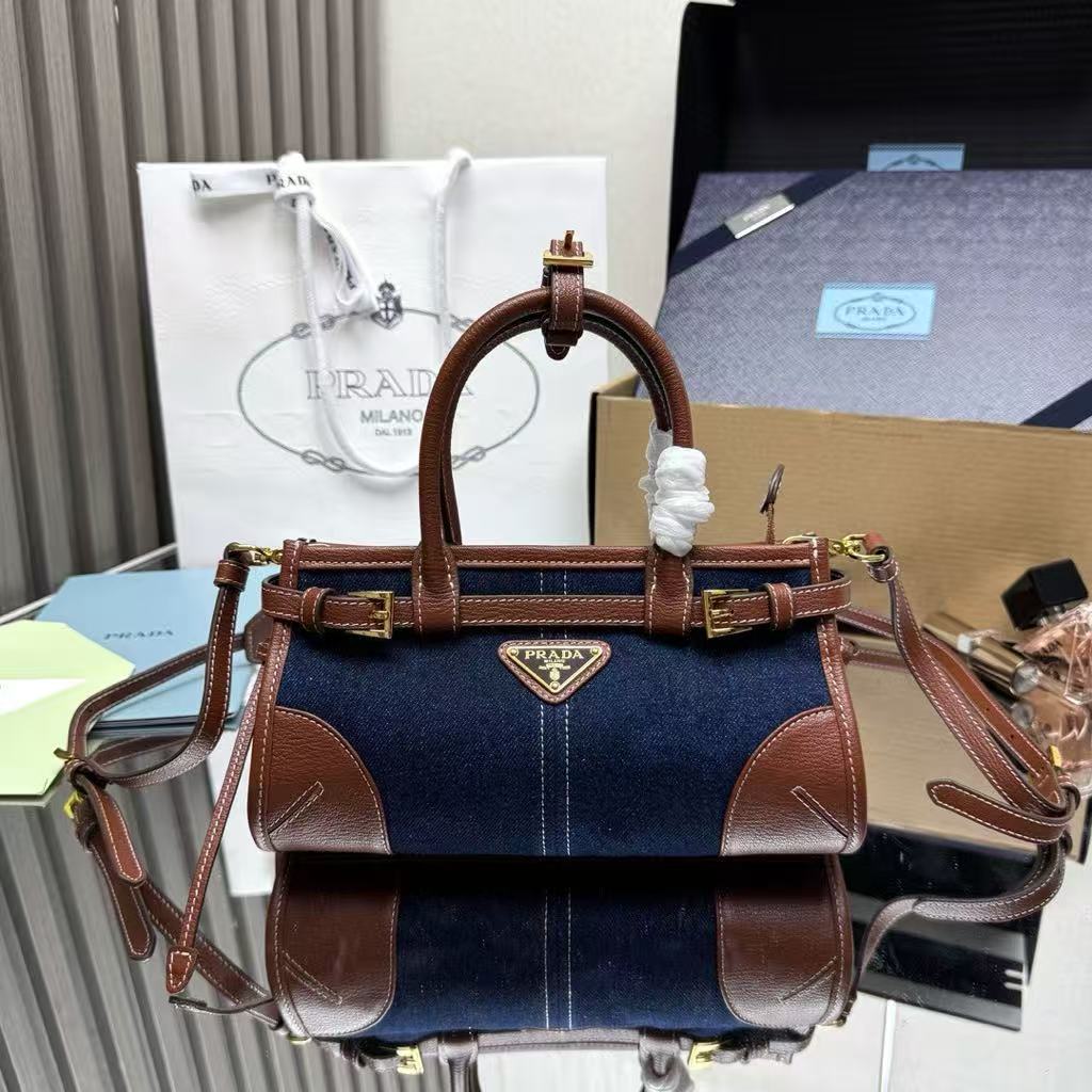 Prada Bonnie Denim and Leather Patched Handbag