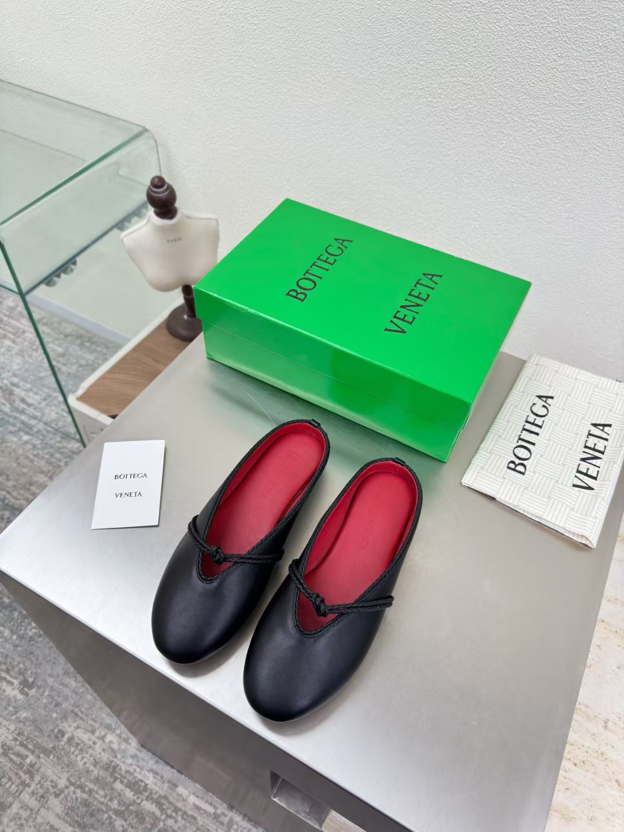 Bottega Veneta Black Lambskin Knotted Mary Jane Ballet Flat with Red Sole