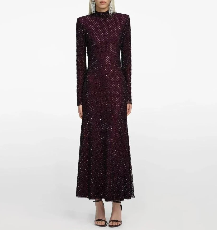Women Self-Portrait Stand Collar Rhinestone Long Sleeve Midi Dress