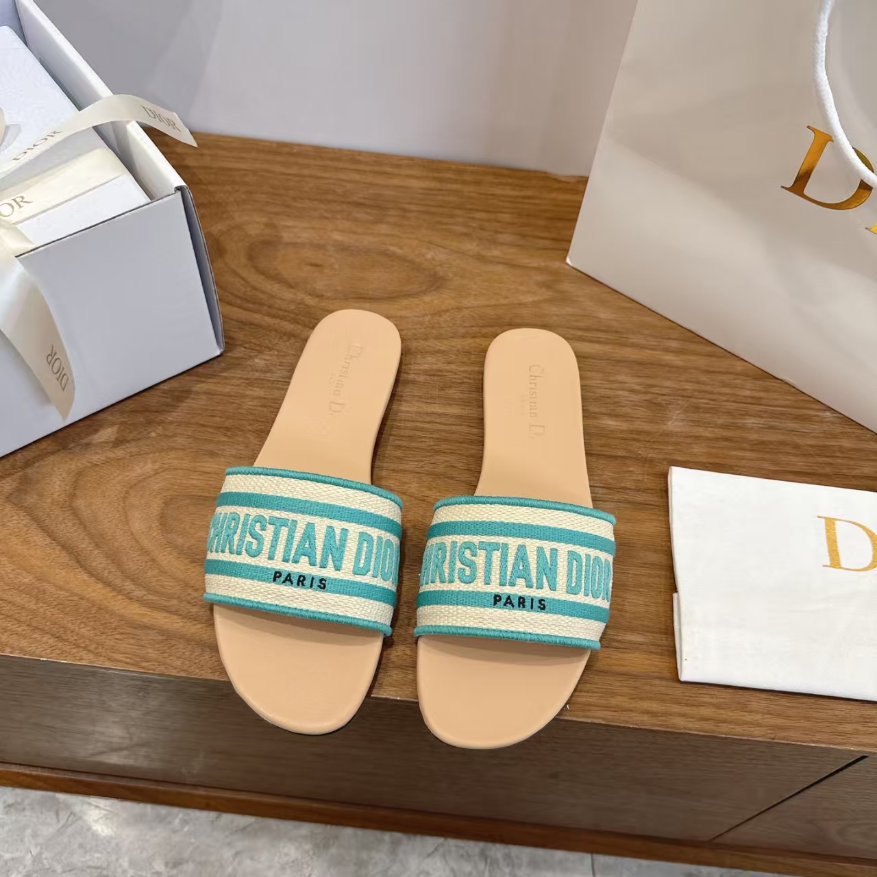 Dior Sky Blue Embroidered Logo Flat Slide Sandal