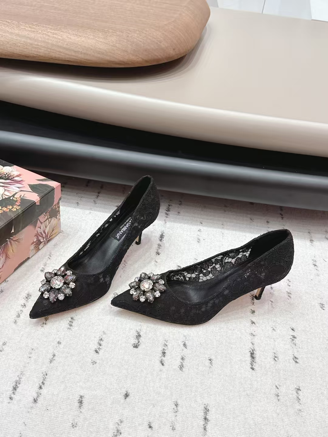 Dolce & Gabbana 6.5cm Black Pointed-Toe Crystal Buckle Lace High Heel Pump