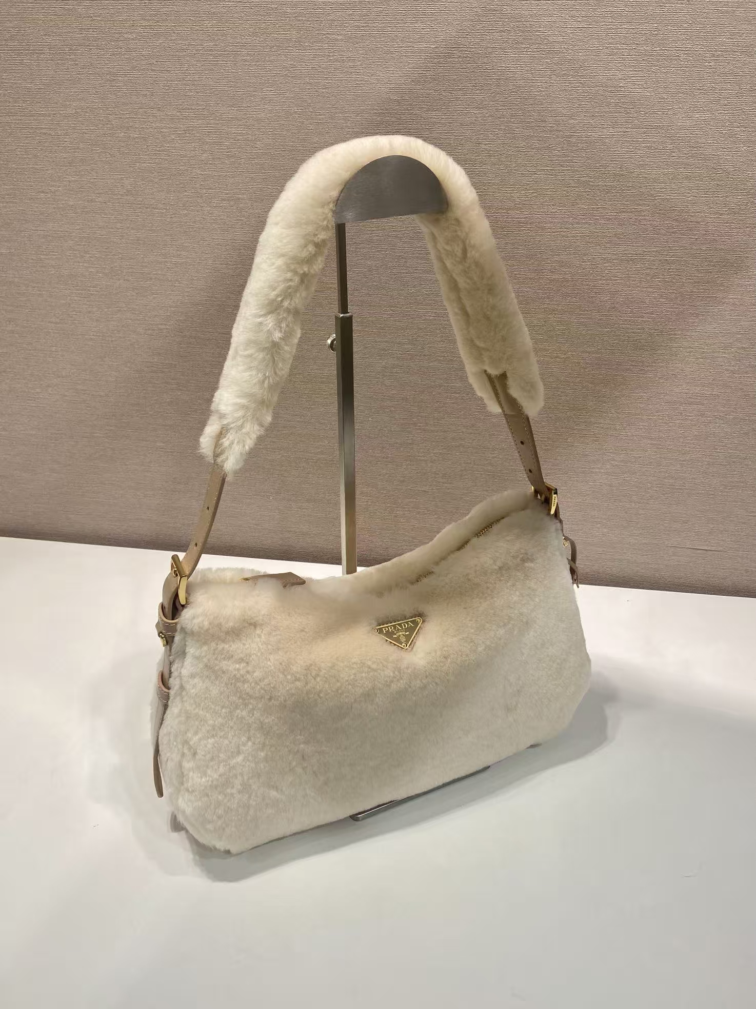 Prada Beige Shearling Mini Bag | Fluffy Texture & Chain-Detail Handle