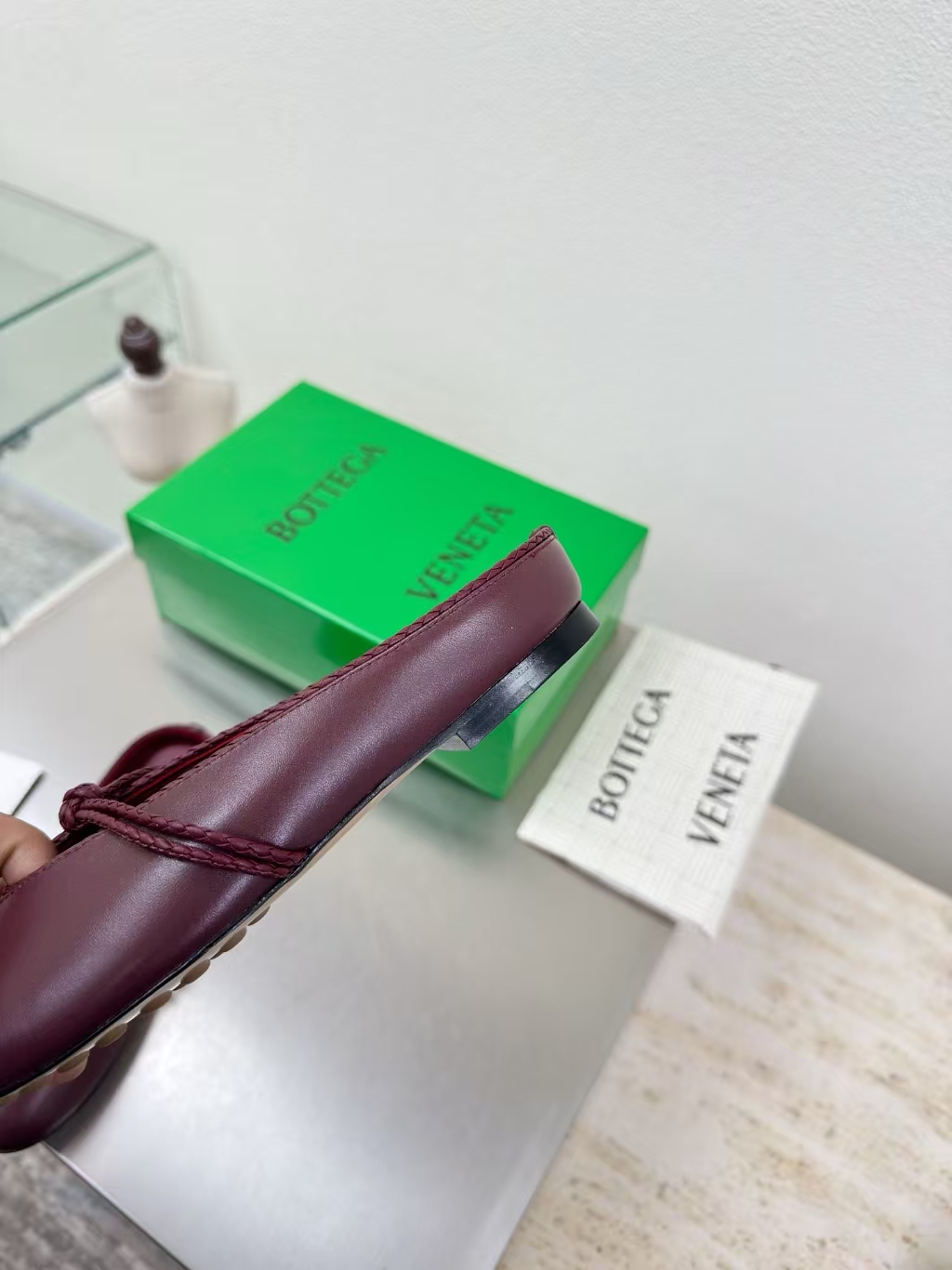 Bottega Veneta Black Lambskin Knotted Mary Jane Ballet Flat with Burgundy Sole