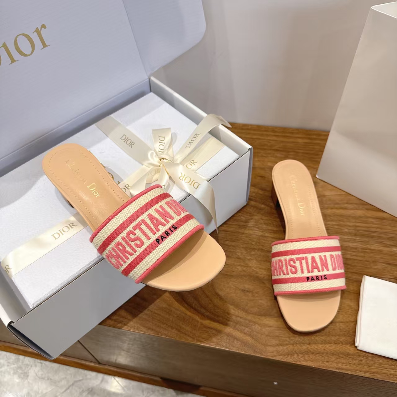 Dior 4.5cm Red Embroidered Logo High‑Heel Slide Sandal