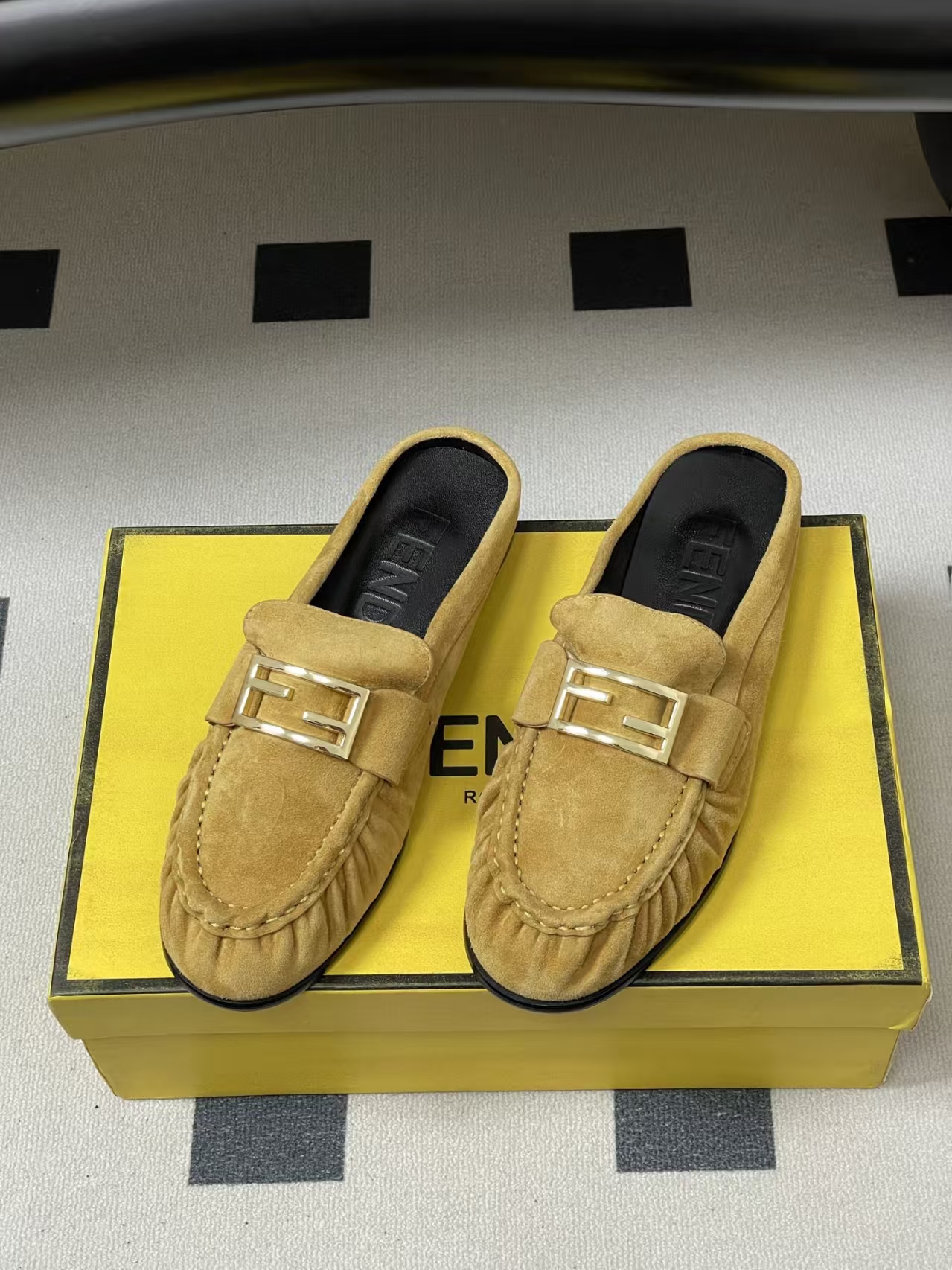 FENDI Baguette Crinkle Round-Toe Retro Loafer Mule in Khaki Suede