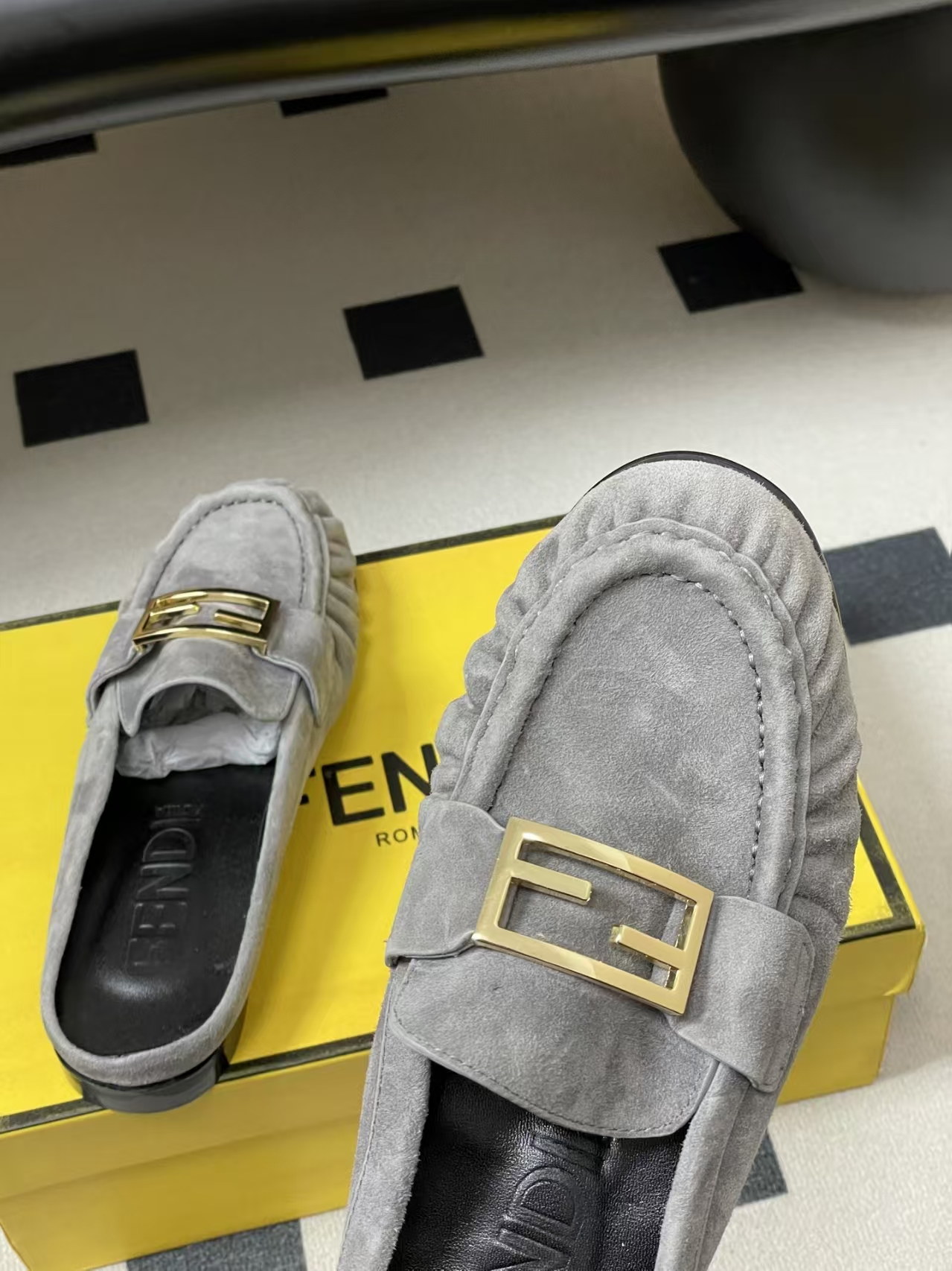 FENDI Baguette Crinkle Round-Toe Retro Loafer Mule in Grey Suede