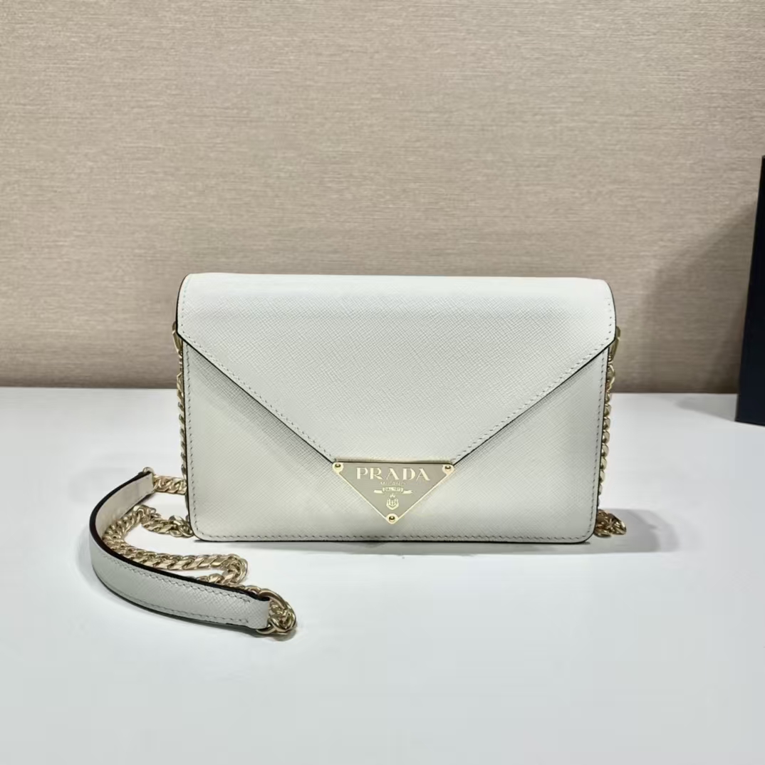 Prada White Saffiano Leather Shoulder Bag | Flap Design & Detachable Chain Strap
