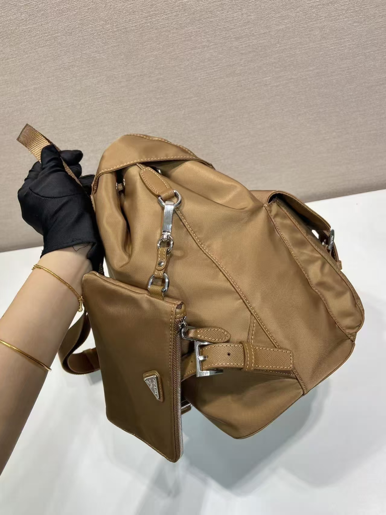 Prada Camel Medium Re-Nylon Backpack | Deconstructed Design, Saffiano Leather Accents