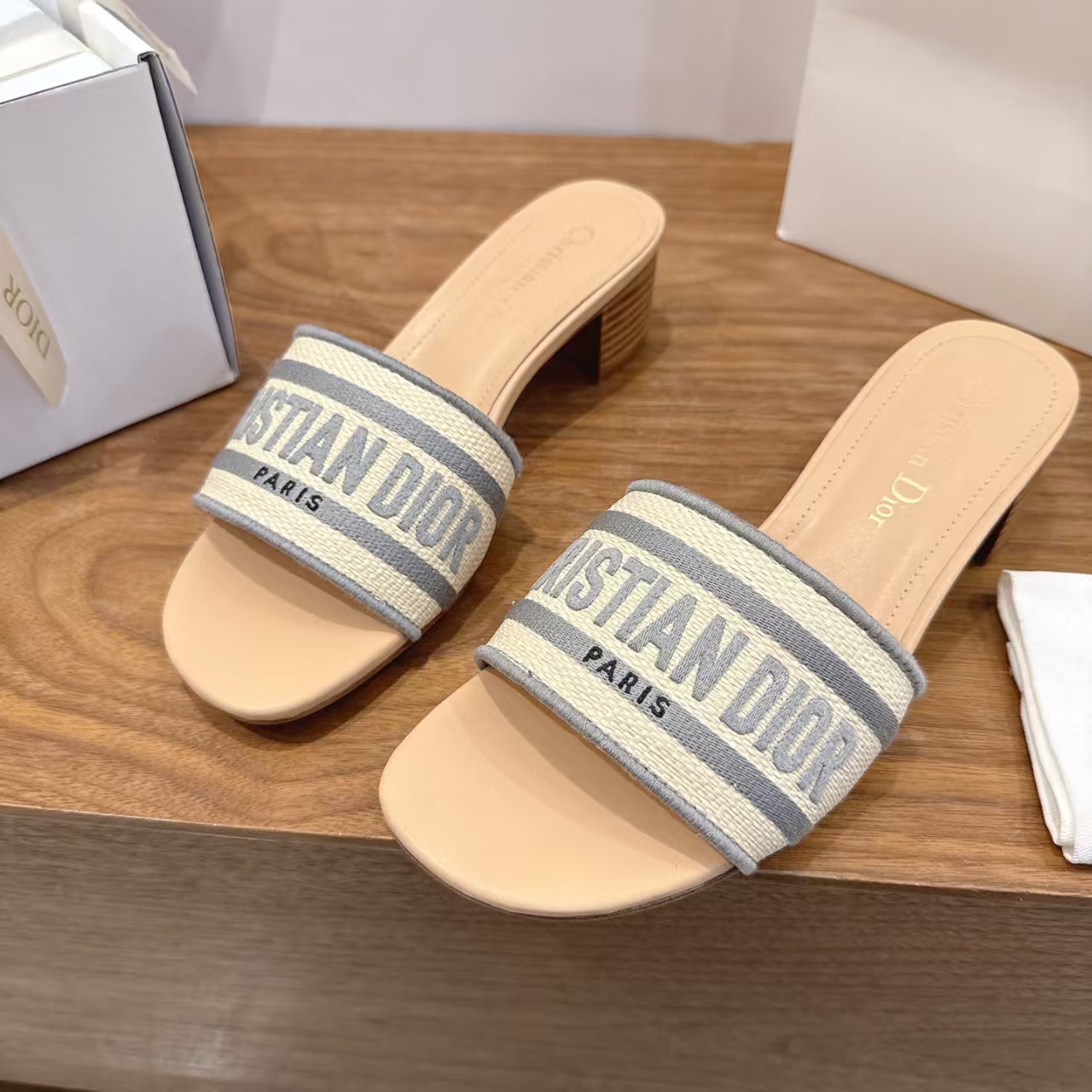 Dior 4.5cm Grey Embroidered Logo High‑Heel Slide Sandal