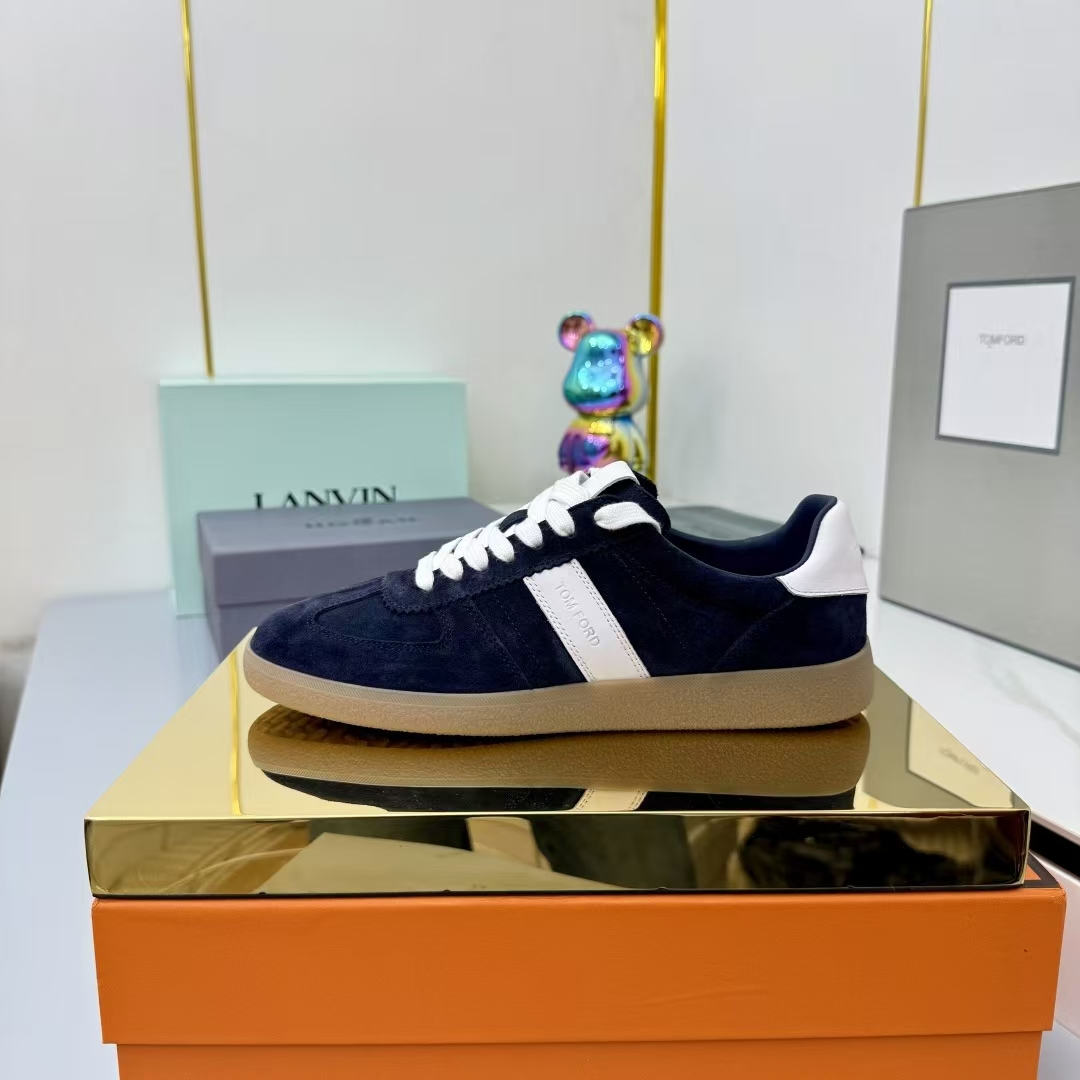 Tom Ford Lambskin Leather Sneakers in Black & White | White Laces