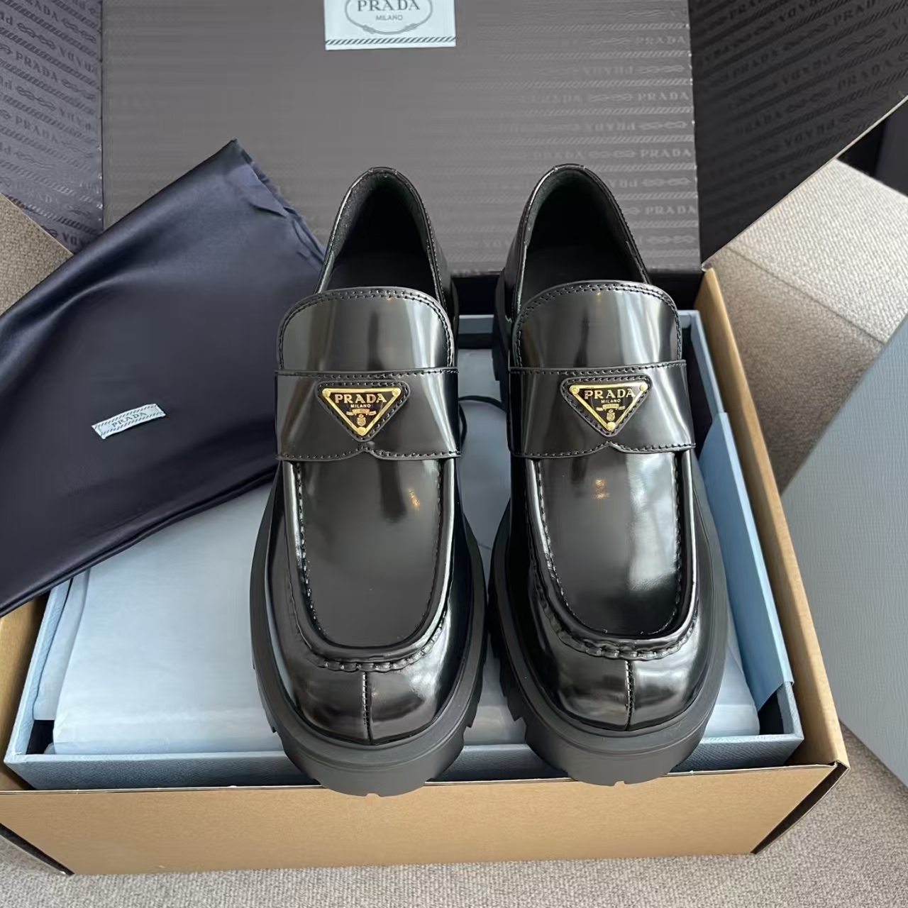 Prada Black Patent Leather Loafers - Chocolate Collection with Chunky Rubber Sole