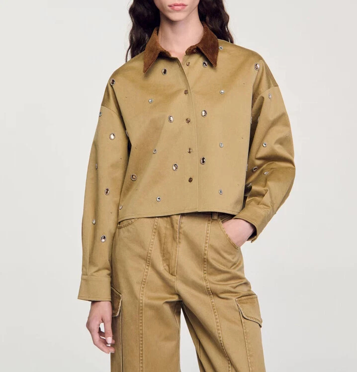 Women Sandro Collared Rhinestone Long Sleeve Coat Top