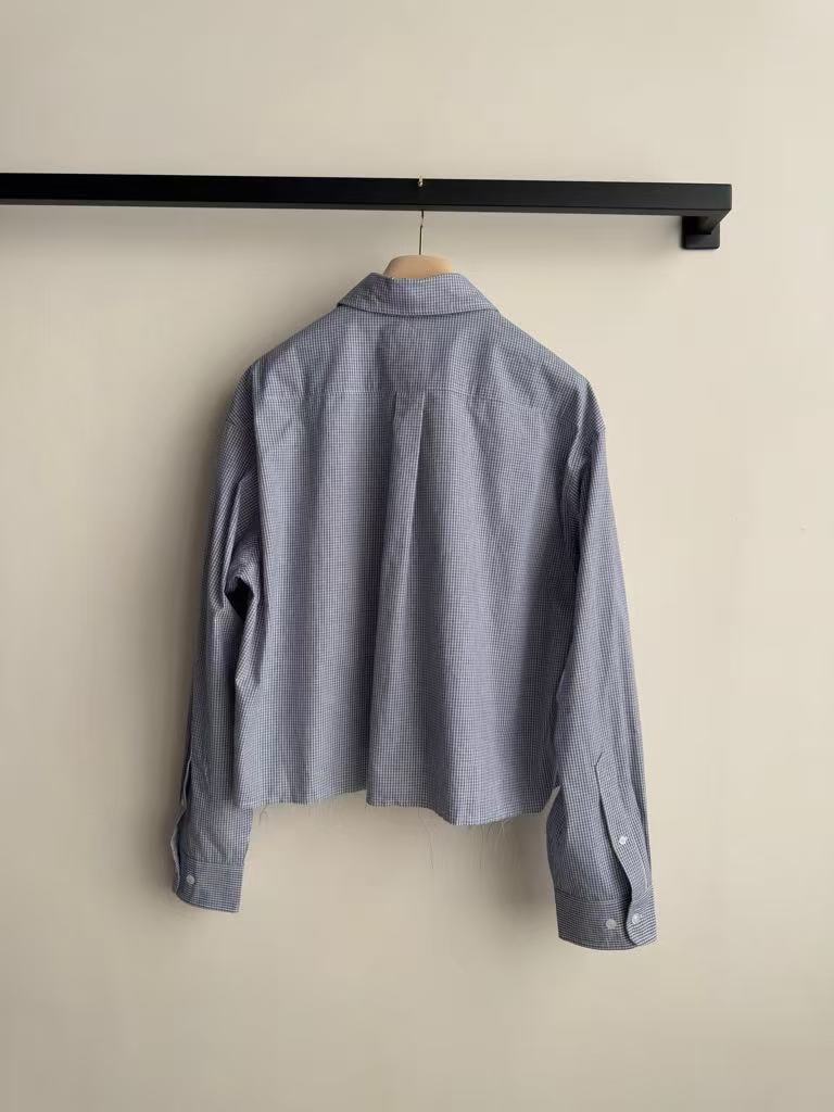 MIUMIU Light Blue Plaid Cropped Long-Sleeve Shirt