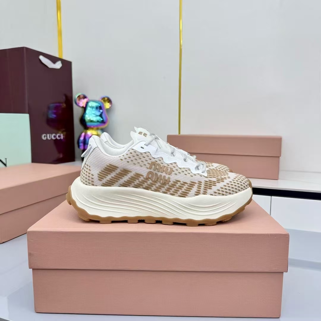 Miu Miu Technical Fabric Platform Sneakers in White & Brown