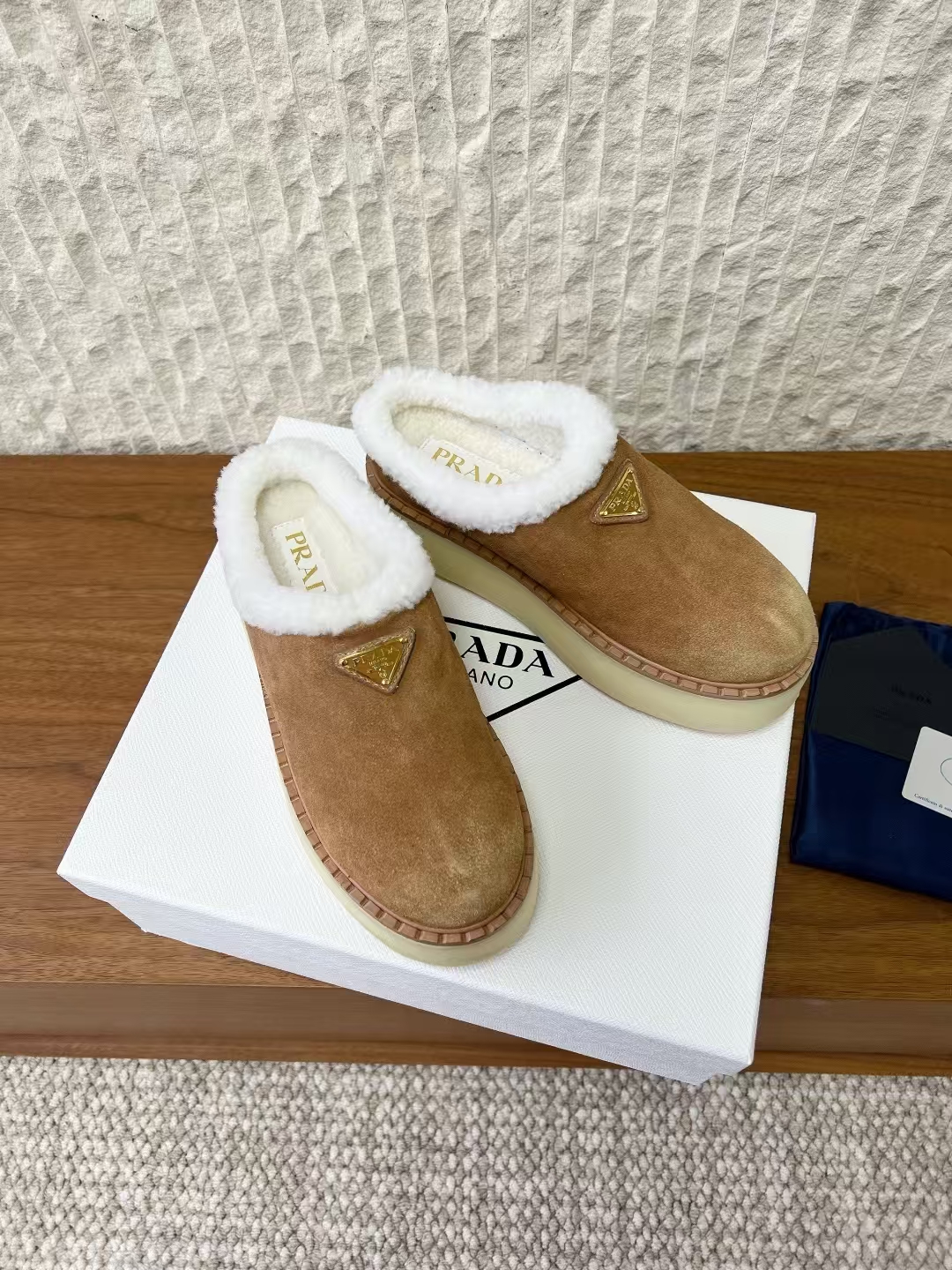 Prada Cinnamon Suede Mules with Shearling Lining & 50mm Lug Sole