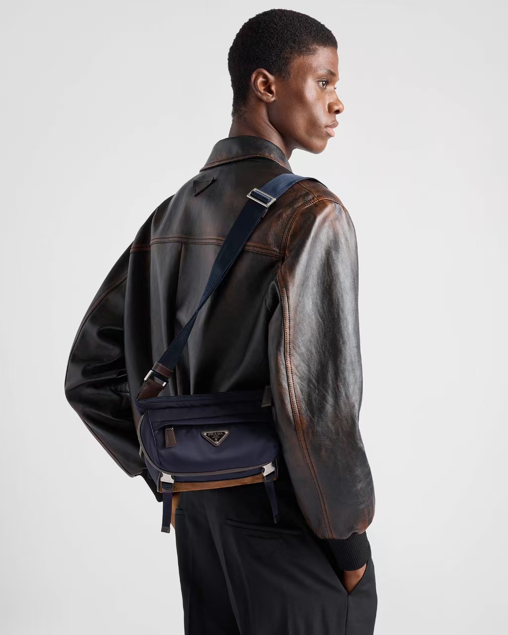 Prada Blue/Brown Small Re-Nylon & Leather Shoulder Bag | Color Block & Sporty Design