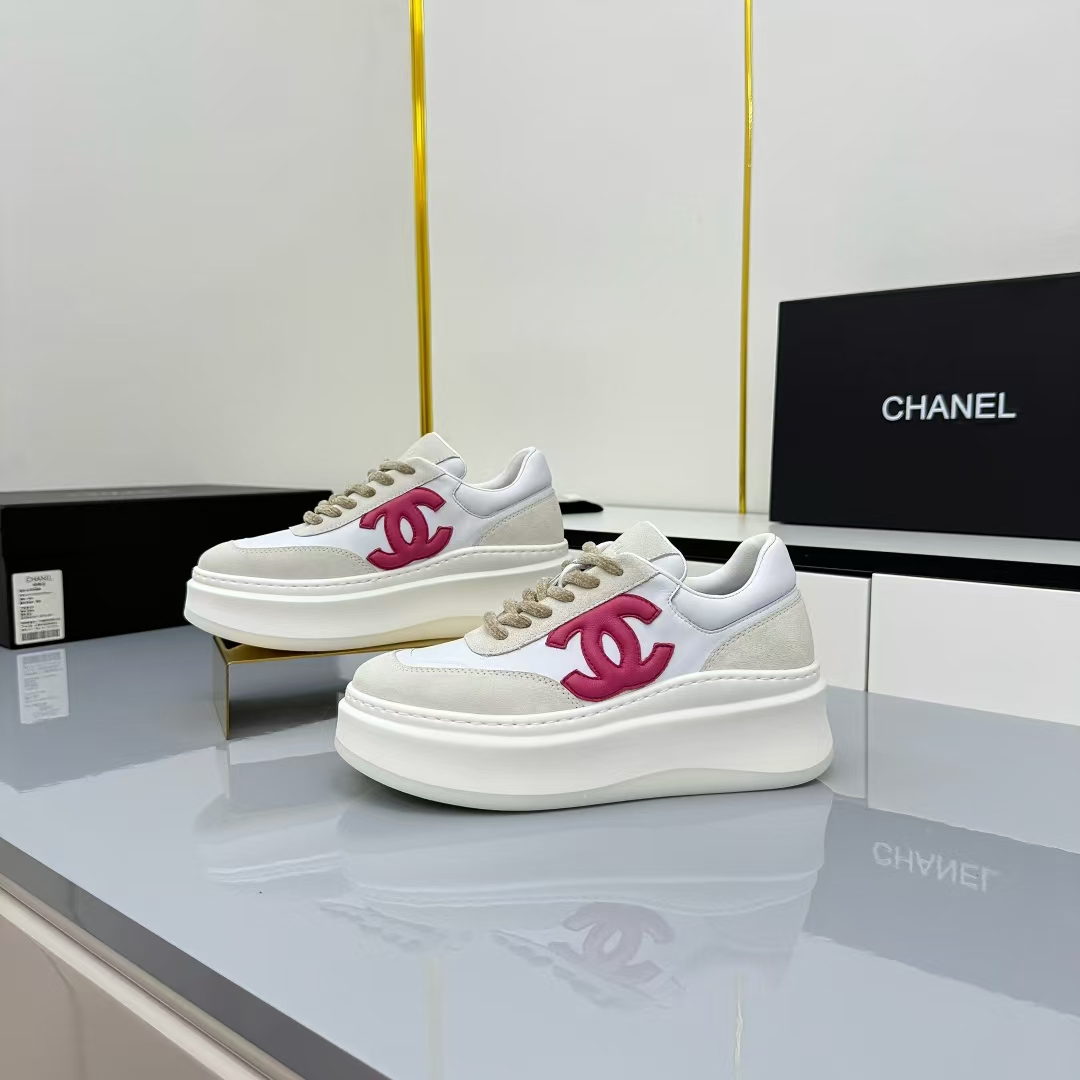 Chanel Platform Leather Sneakers in White & Red