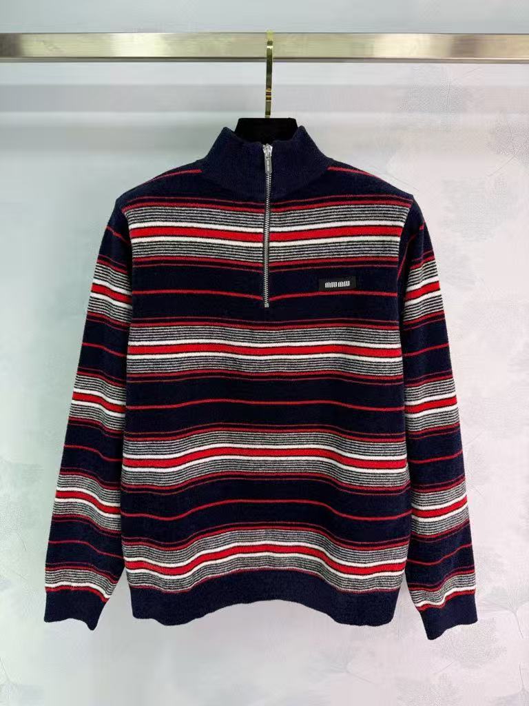 Miumiu 2026 Early Spring New Style Knitted Striped Stand Collar Long Sleeve