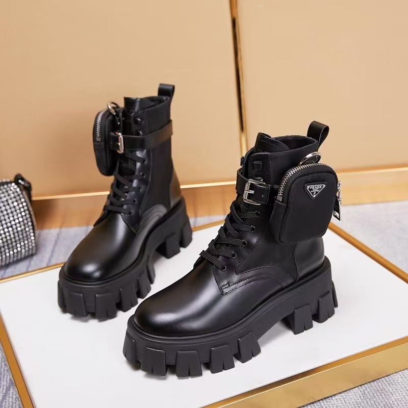 Prada Black Monolith Leather & Re-Nylon Military Boots - Detachable Pouch & 55mm Lug Sole