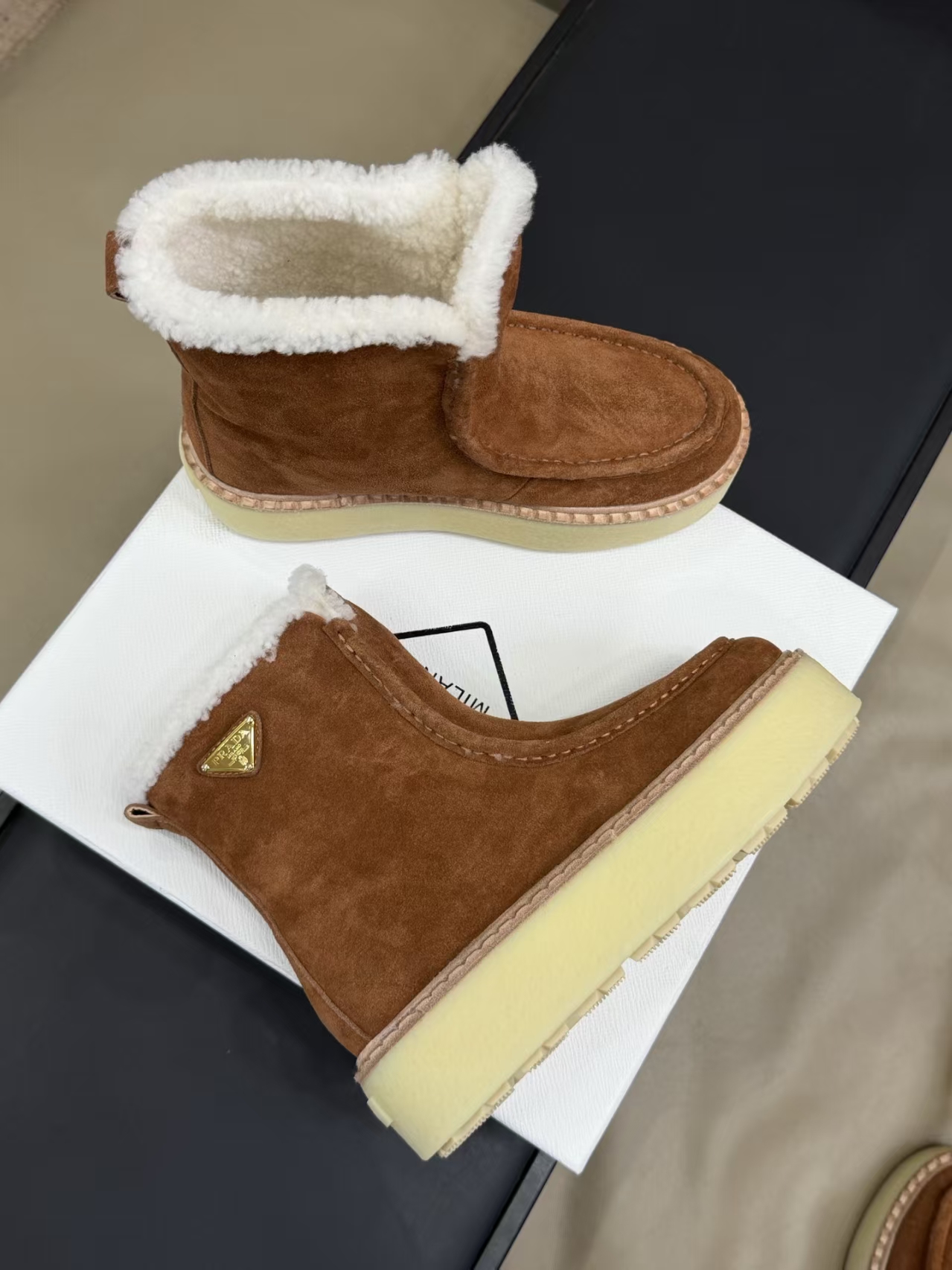 Prada Cocoa Brown Suede Ankle Boots - 5cm Lug Sole & 14cm Shaft, Winter Texture