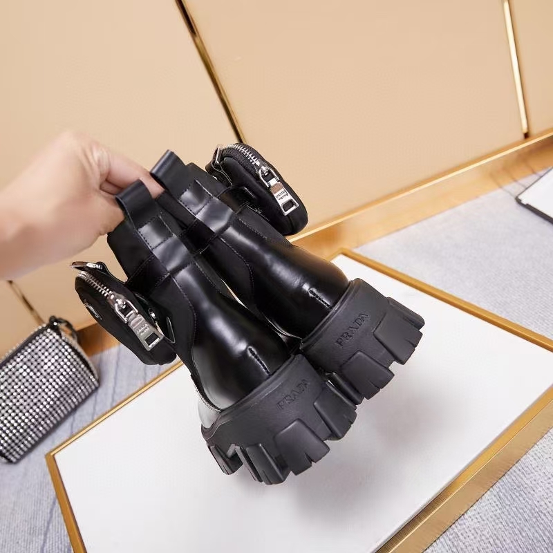 Prada Monolith Black Leather & Re-Nylon Military Boots with Detachable Pouch